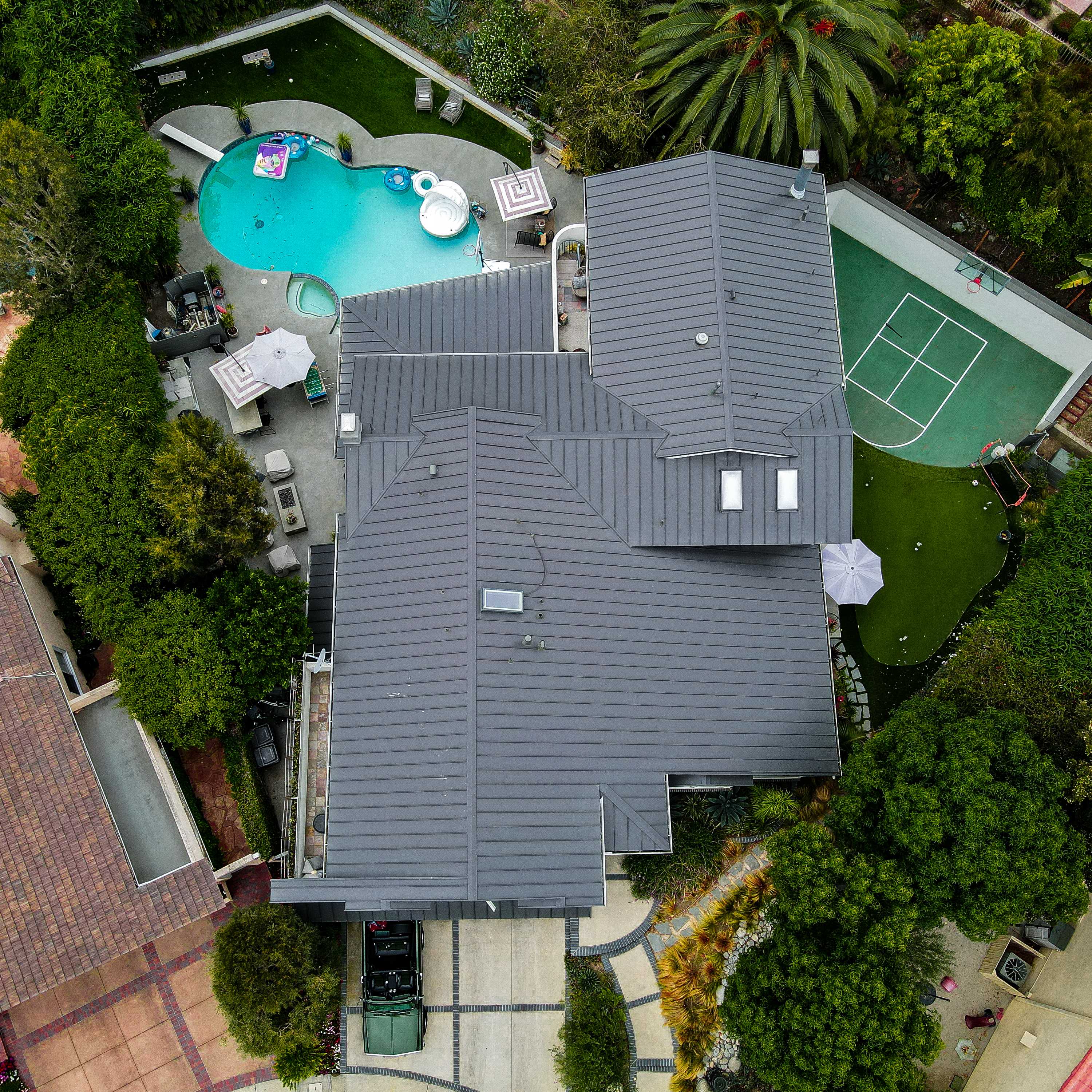 Overhead view of metal roofing on seal beach property